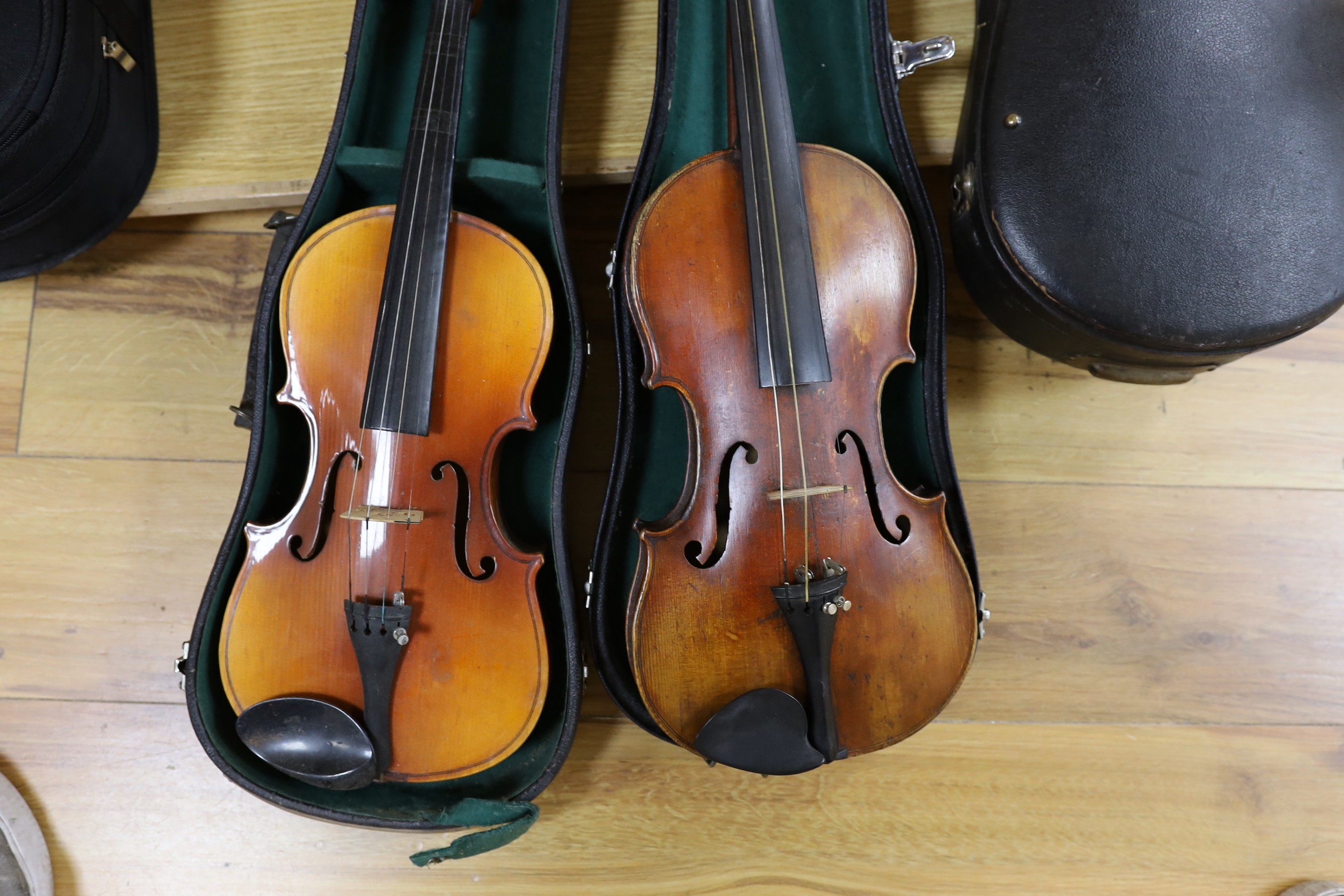 A cased early 20th century violin marked Gilks, Westminster, London and 2 modern cased Chinese violins